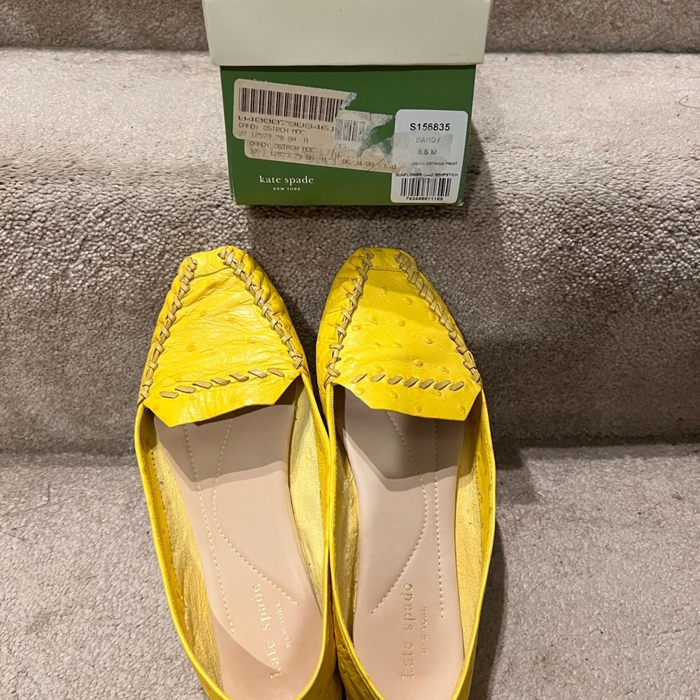 Kate Spade “Dandy” Sunflower Yellow Ostrich Print Calf Whip Stitch Moccasins 8.5